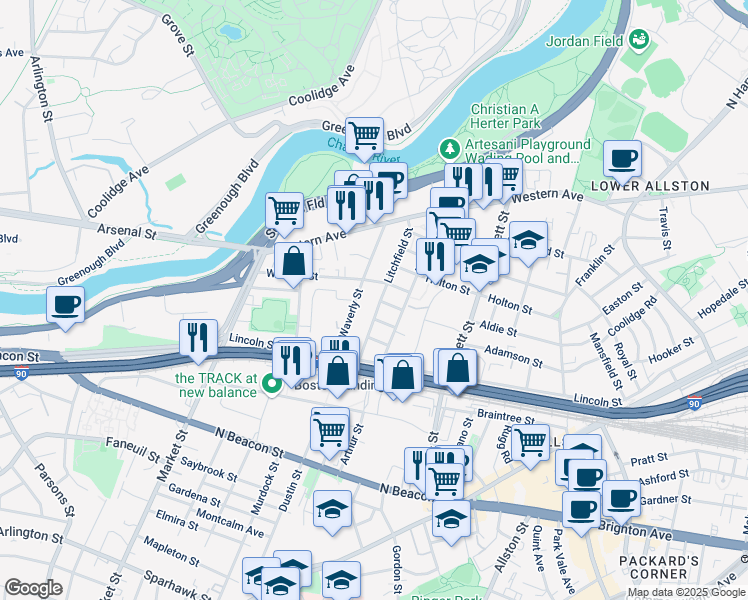 map of restaurants, bars, coffee shops, grocery stores, and more near 25 Duval Street in Boston