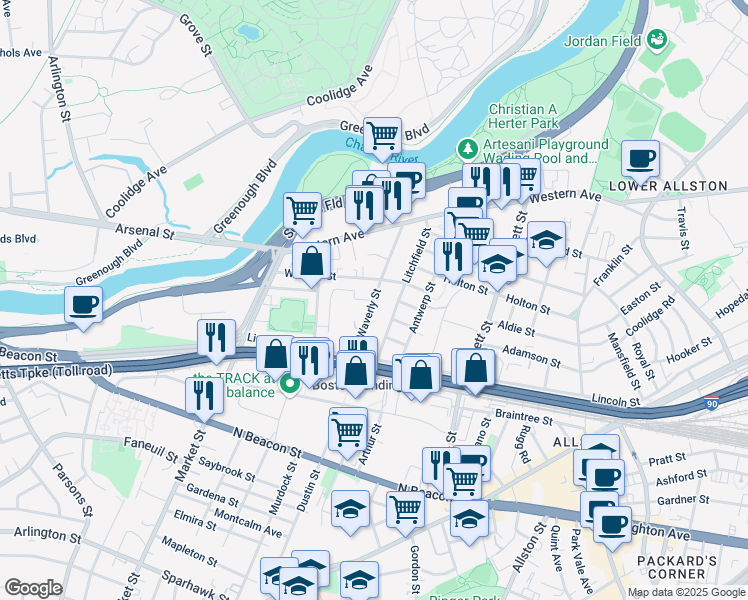 map of restaurants, bars, coffee shops, grocery stores, and more near 50 South Waverly Street in Boston