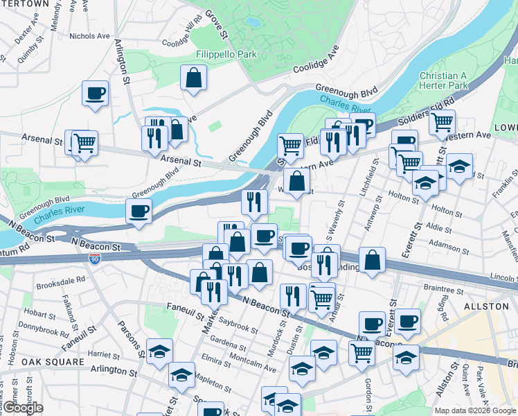 map of restaurants, bars, coffee shops, grocery stores, and more near in Boston