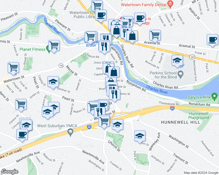 map of restaurants, bars, coffee shops, grocery stores, and more near in Watertown