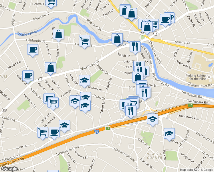 map of restaurants, bars, coffee shops, grocery stores, and more near 96 Boyd Street in Watertown