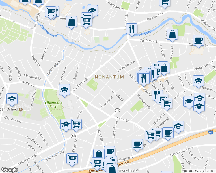 map of restaurants, bars, coffee shops, grocery stores, and more near 226 Linwood Avenue in Newton