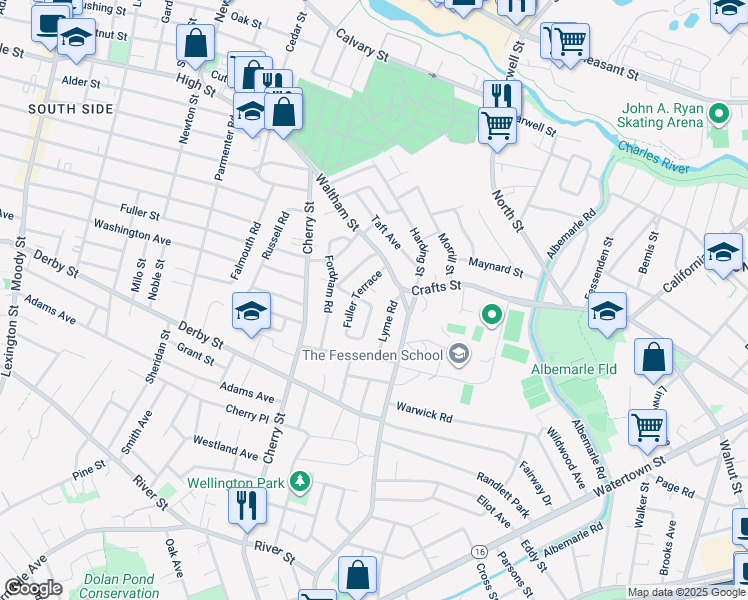 map of restaurants, bars, coffee shops, grocery stores, and more near 29 Hatfield Road in Newton