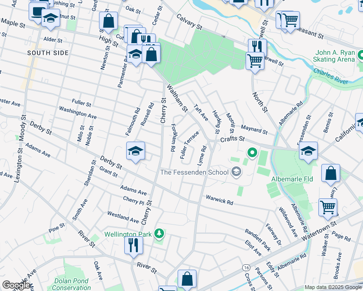 map of restaurants, bars, coffee shops, grocery stores, and more near 29 Hatfield Road in Newton