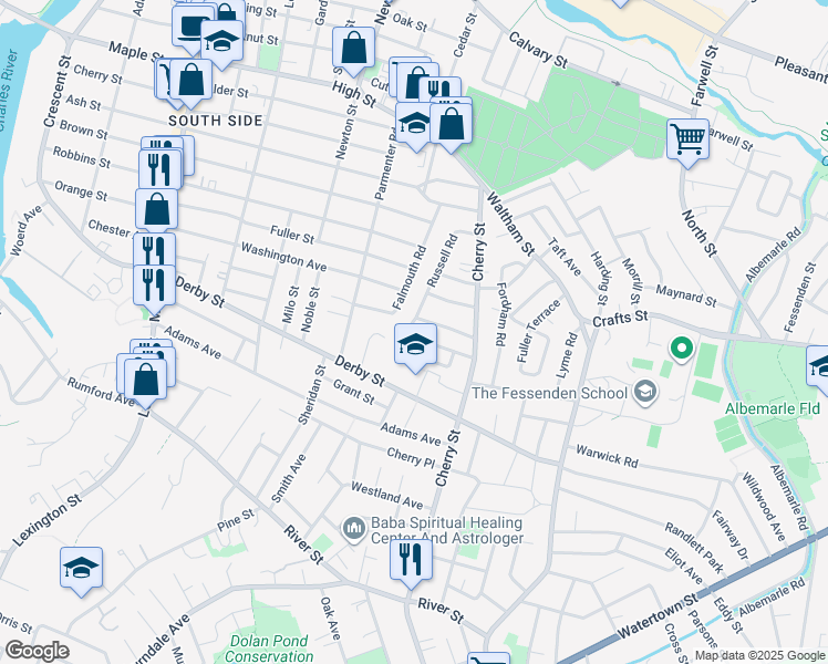 map of restaurants, bars, coffee shops, grocery stores, and more near 49 Jerome Avenue in Newton