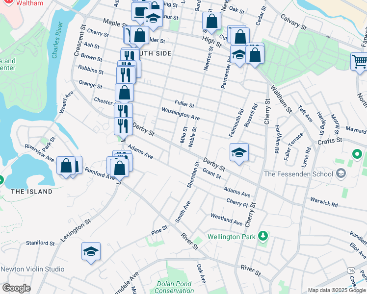 map of restaurants, bars, coffee shops, grocery stores, and more near 57 Noble Street in Newton