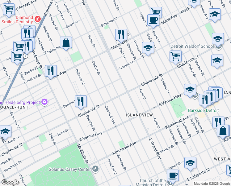 map of restaurants, bars, coffee shops, grocery stores, and more near 2914 Helen Street in Detroit