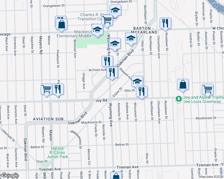 map of restaurants, bars, coffee shops, grocery stores, and more near 8865 Esper Street in Detroit