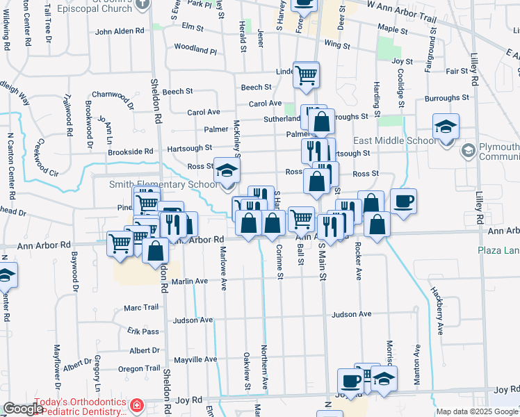 map of restaurants, bars, coffee shops, grocery stores, and more near 1098 Byron Street in Plymouth