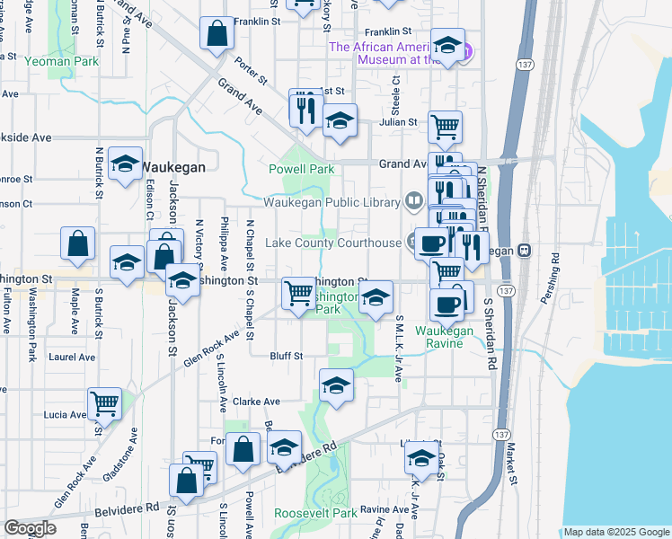 map of restaurants, bars, coffee shops, grocery stores, and more near 542 Washington Street in Waukegan