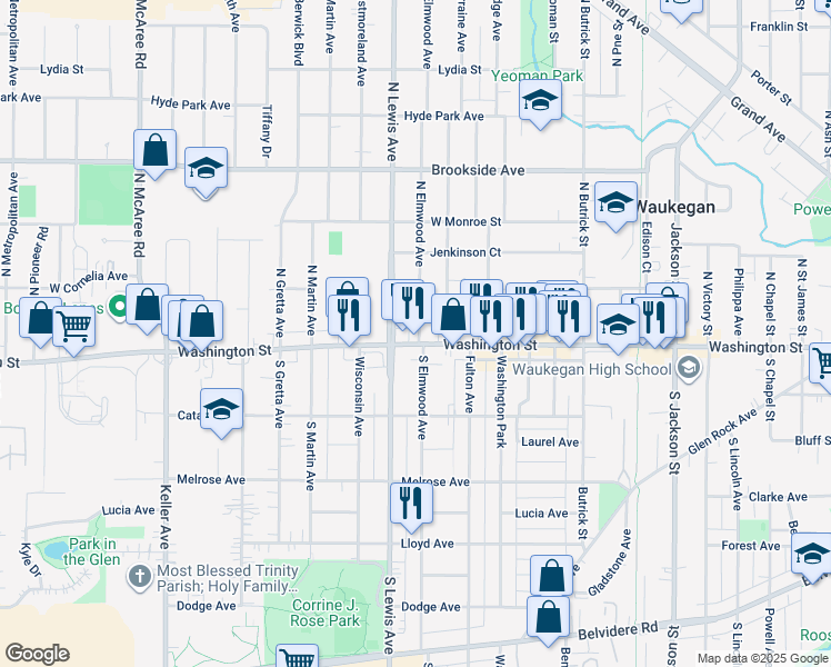 map of restaurants, bars, coffee shops, grocery stores, and more near 1806 Washington Street in Waukegan
