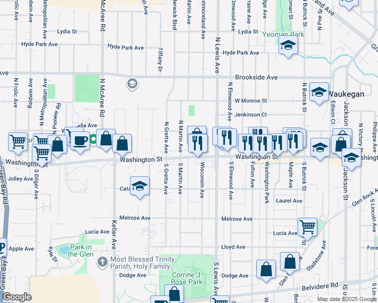 map of restaurants, bars, coffee shops, grocery stores, and more near 2020 Washington Street in Waukegan