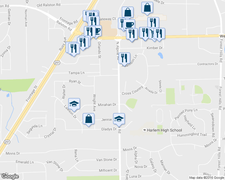 map of restaurants, bars, coffee shops, grocery stores, and more near 9514 North Alpine Road in Machesney Park
