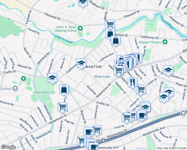 map of restaurants, bars, coffee shops, grocery stores, and more near 272 Nevada Street in Newton