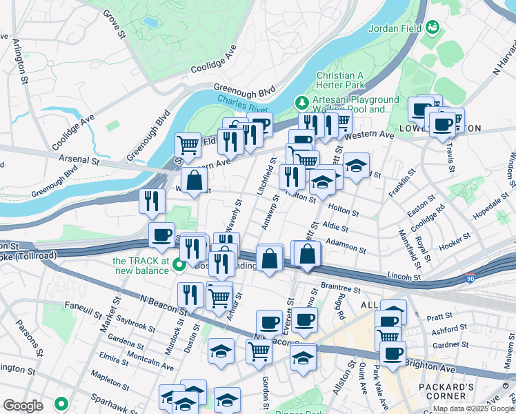 map of restaurants, bars, coffee shops, grocery stores, and more near 53-55 Litchfield Street in Boston