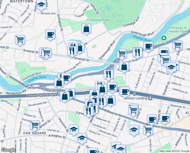 map of restaurants, bars, coffee shops, grocery stores, and more near 1550 Soldiers Field Road in Boston