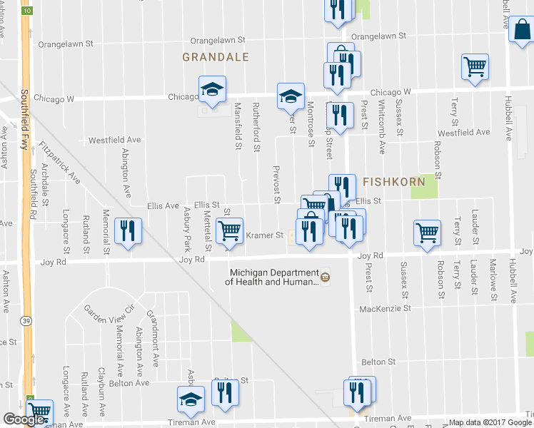map of restaurants, bars, coffee shops, grocery stores, and more near 8940 Rutherford Street in Detroit