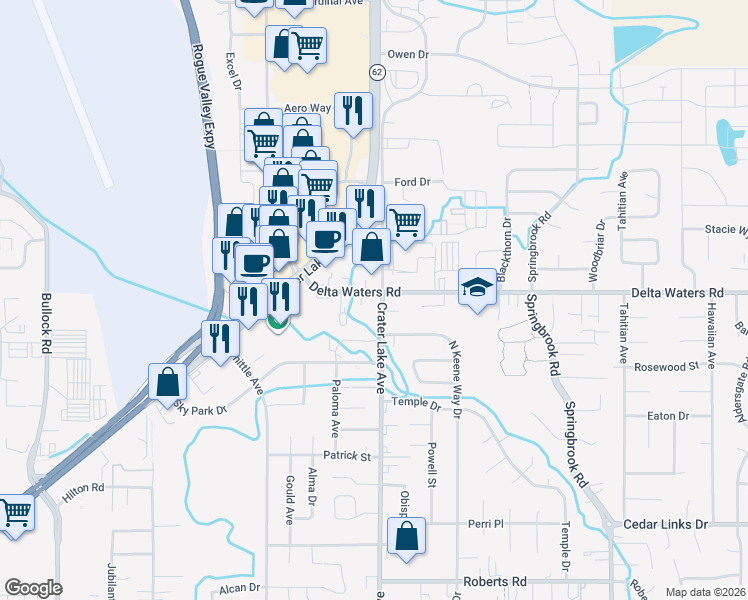 map of restaurants, bars, coffee shops, grocery stores, and more near 2991 Crater Lake Avenue in Medford