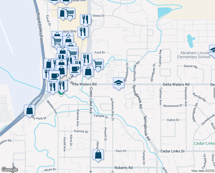 map of restaurants, bars, coffee shops, grocery stores, and more near 2098 Delta Waters Road in Medford