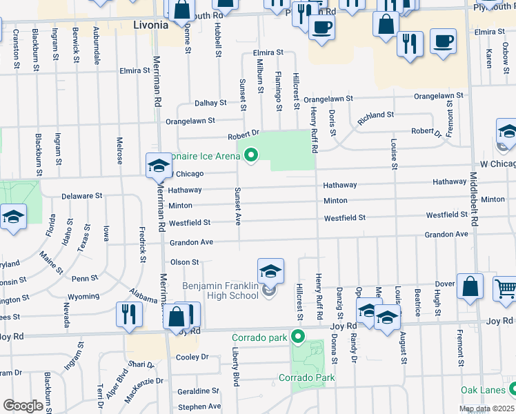 map of restaurants, bars, coffee shops, grocery stores, and more near 30691 Minton in Livonia
