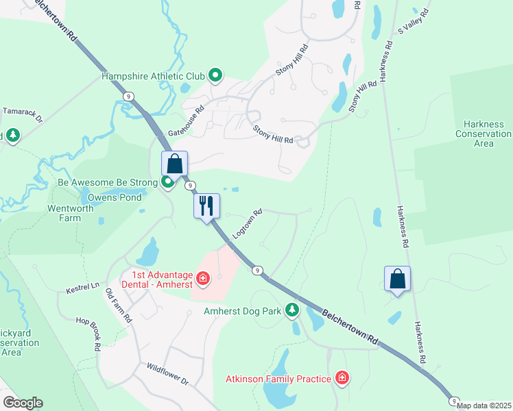 map of restaurants, bars, coffee shops, grocery stores, and more near 106 Logtown Road in Amherst