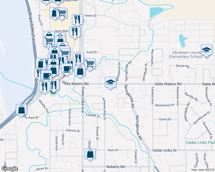 map of restaurants, bars, coffee shops, grocery stores, and more near 2222 Delta Waters Road in Medford
