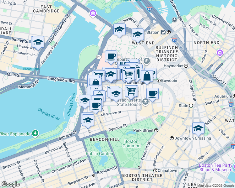 map of restaurants, bars, coffee shops, grocery stores, and more near 45 1/2 Garden Street in Boston
