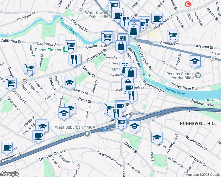 map of restaurants, bars, coffee shops, grocery stores, and more near 49 Boyd Street in Watertown