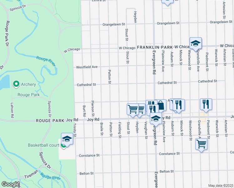 map of restaurants, bars, coffee shops, grocery stores, and more near 9053 Fielding Street in Detroit