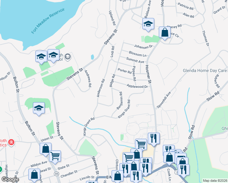 map of restaurants, bars, coffee shops, grocery stores, and more near 108 Benjamin Road in Marlborough