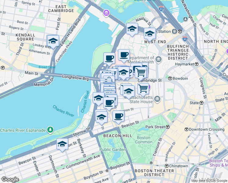 map of restaurants, bars, coffee shops, grocery stores, and more near 69 West Cedar Street in Boston