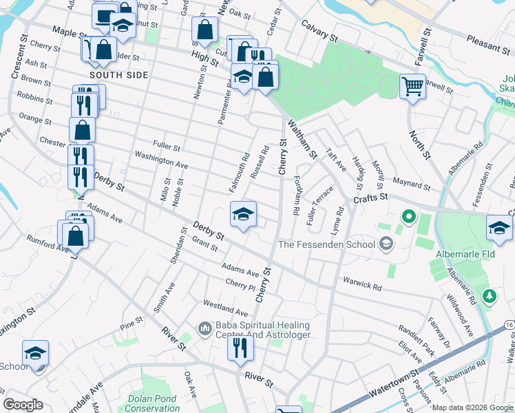 map of restaurants, bars, coffee shops, grocery stores, and more near 32 Barbara Road in Newton