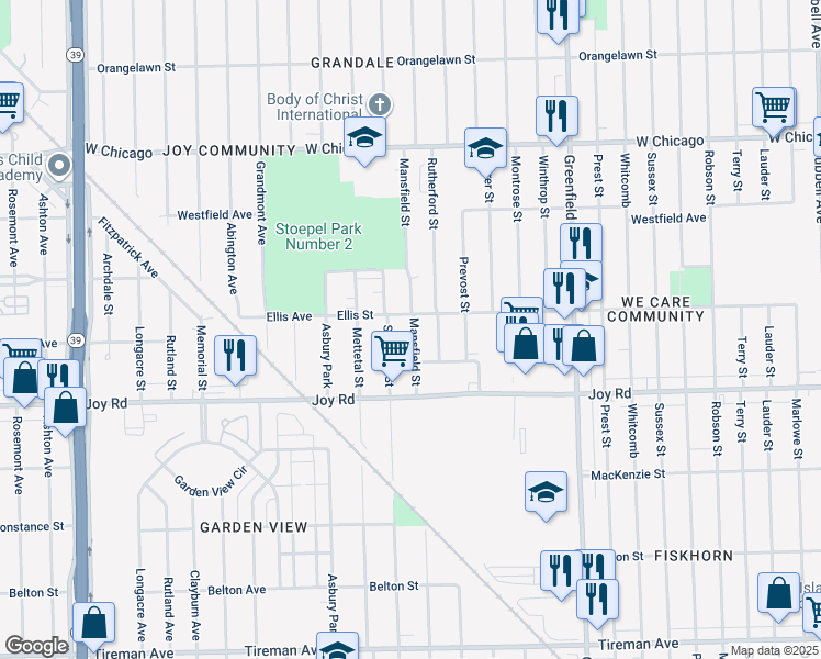 map of restaurants, bars, coffee shops, grocery stores, and more near 8937 Mansfield Street in Detroit