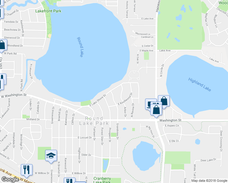 map of restaurants, bars, coffee shops, grocery stores, and more near 417 East Lake Shore Drive in Round Lake Park