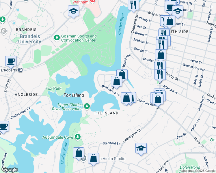 map of restaurants, bars, coffee shops, grocery stores, and more near 140 Woerd Avenue in Waltham