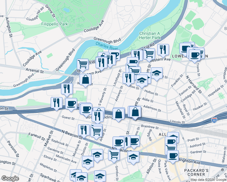 map of restaurants, bars, coffee shops, grocery stores, and more near 25 Duval Street in Boston