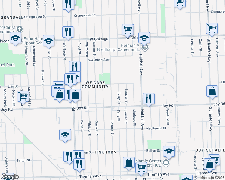 map of restaurants, bars, coffee shops, grocery stores, and more near 8918 Robson Street in Detroit
