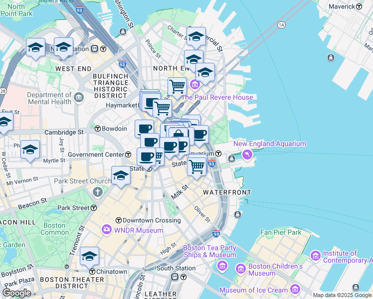 map of restaurants, bars, coffee shops, grocery stores, and more near South Market Street in Boston