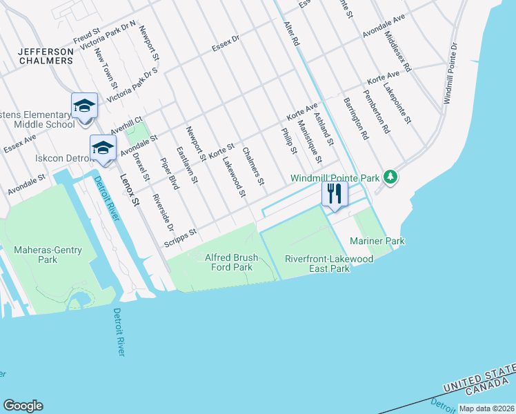 map of restaurants, bars, coffee shops, grocery stores, and more near 14337 Harbor Island Street in Detroit