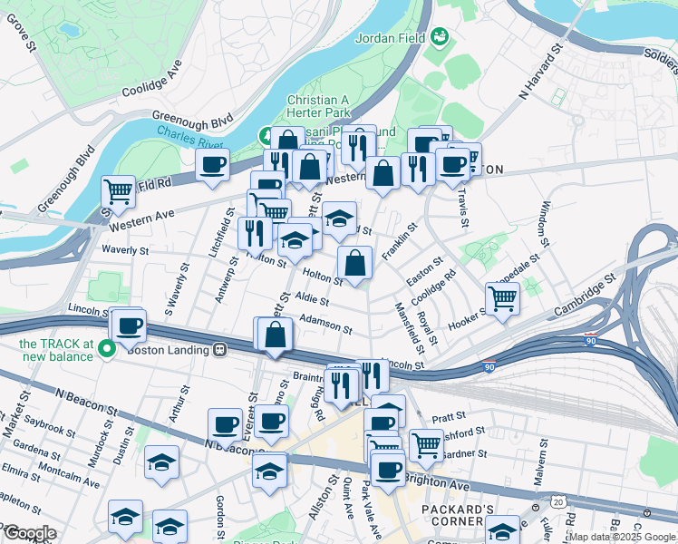 map of restaurants, bars, coffee shops, grocery stores, and more near 52 Athol Street in Boston
