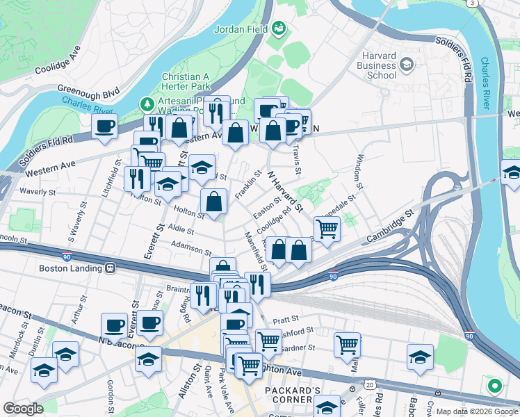 map of restaurants, bars, coffee shops, grocery stores, and more near 21 Myrick Street in Boston