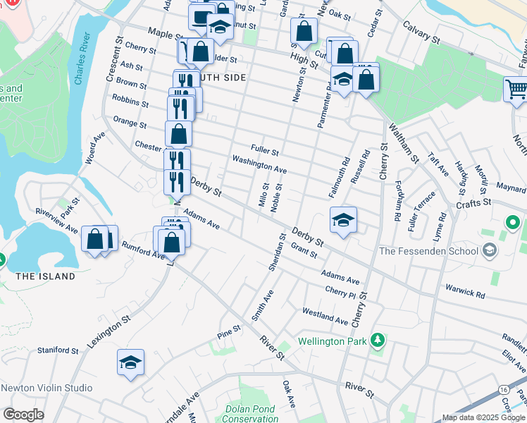 map of restaurants, bars, coffee shops, grocery stores, and more near 255 Derby Street in Newton