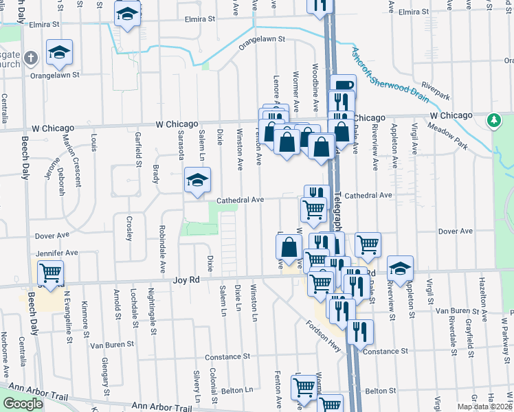 map of restaurants, bars, coffee shops, grocery stores, and more near 9081 Fenton Avenue in Redford Charter Township