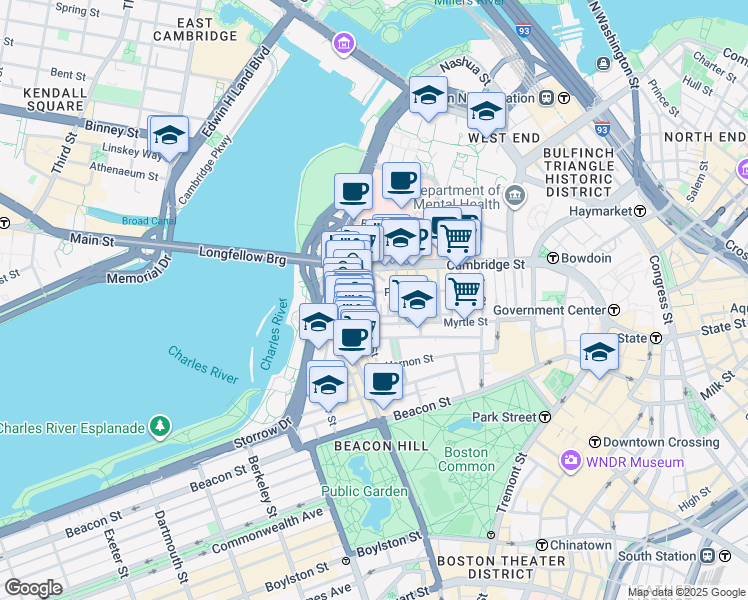 map of restaurants, bars, coffee shops, grocery stores, and more near 67 West Cedar Street in Boston