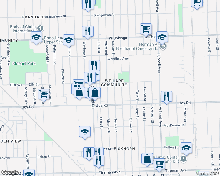 map of restaurants, bars, coffee shops, grocery stores, and more near 8924 Whitcomb in Detroit