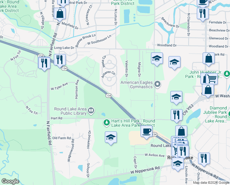 map of restaurants, bars, coffee shops, grocery stores, and more near 310 Lunar Drive in Round Lake