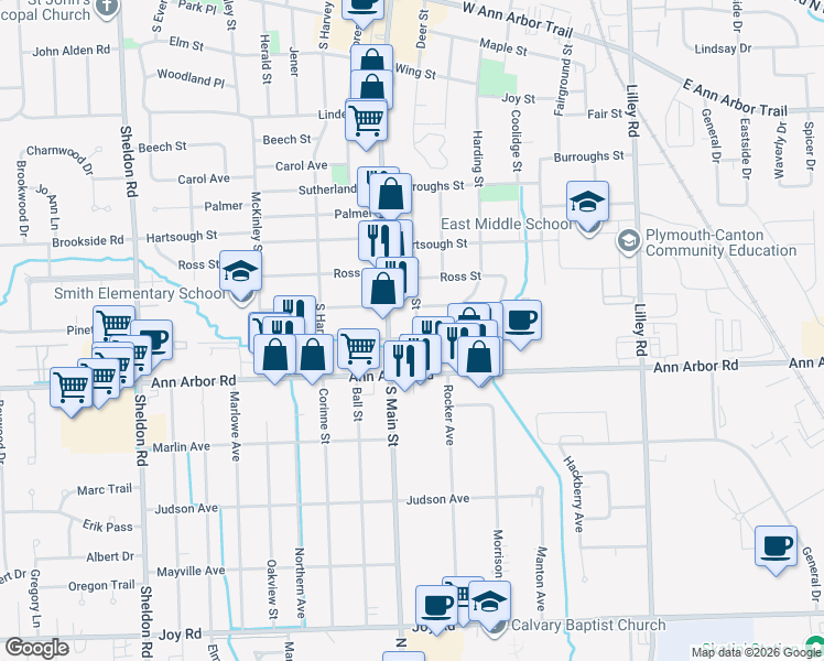 map of restaurants, bars, coffee shops, grocery stores, and more near 1365 South Main Street in Plymouth