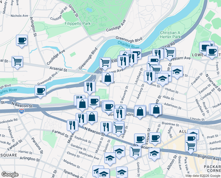 map of restaurants, bars, coffee shops, grocery stores, and more near 20 Portsmouth Street in Boston