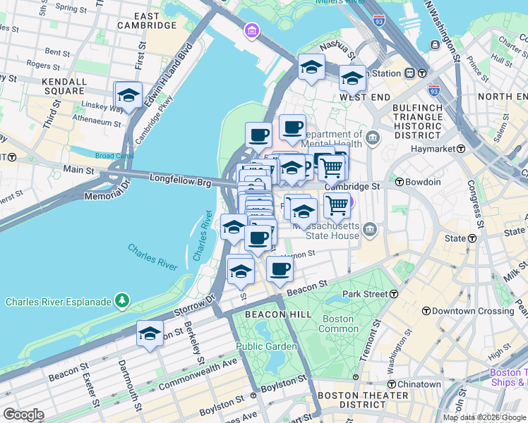 map of restaurants, bars, coffee shops, grocery stores, and more near 67 West Cedar Street in Boston
