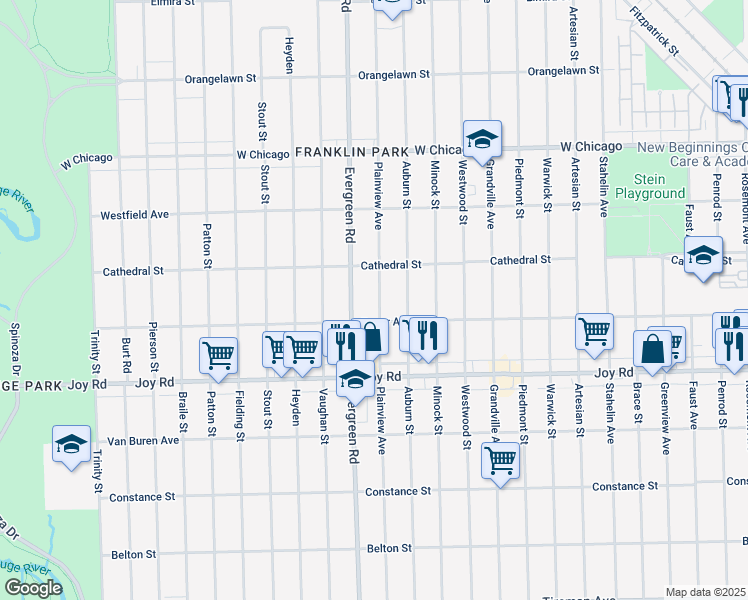 map of restaurants, bars, coffee shops, grocery stores, and more near 9045 Plainview Avenue in Detroit